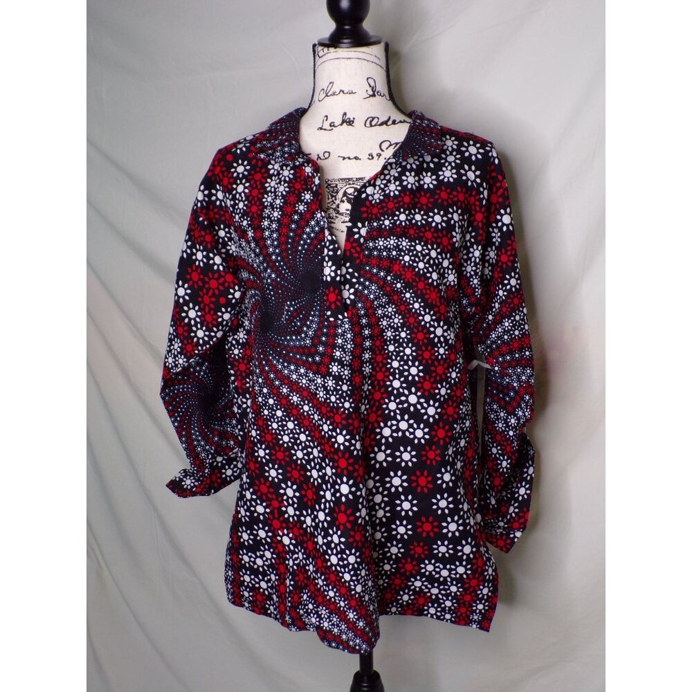 🆕 The Oula Company Geometric Print Boyfriend Top Blouse Small Blue Red - Picture 5 of 9